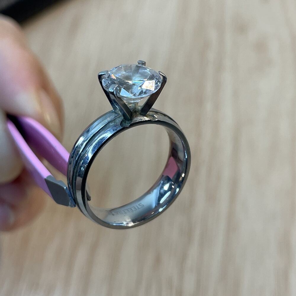Steeltime Stainless Steel Solitaire Engagement Ring Round Clear CZ Size 7